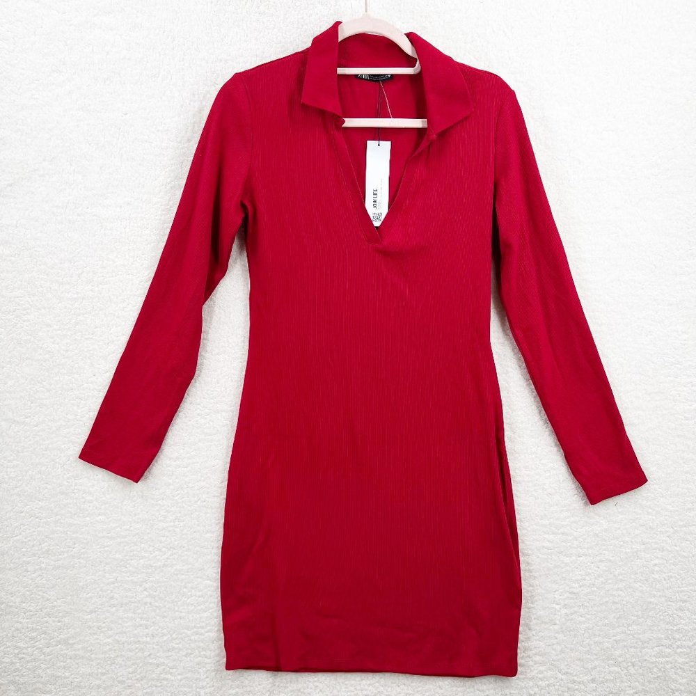 Zara Red Polo long sleeve Cotton T shirt Mini Dress Size L NEW - Picture 2 of 12